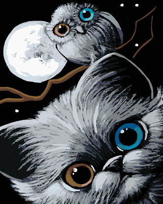 Malování podle čísel - KOTĚ, SOVA A MĚSÍC - 80x100 cm, bez rámu a bez vypnutí plátna