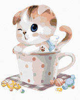 Malování podle čísel - KOTĚ V HRNEČKU - 80x100 cm, bez rámu a bez vypnutí plátna