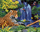 Malování podle čísel - JAGUÁR U VODOPÁDU A PAPOUŠCI (HOWARD ROBINSON) - 80x100 cm, bez rámu a bez vypnutí plátna