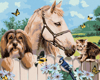 Malování podle čísel - PES, KŮŇ A KOTĚ (HOWARD ROBINSON) - 80x100 cm, vypnuté plátno na rám