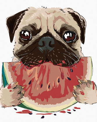 Malování podle čísel - PES S MELOUNEM - 80x100 cm, vypnuté plátno na rám