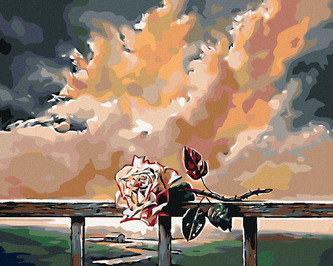 Malování podle čísel - POLOŽENÁ RŮŽE NA ZÁBRADLÍ - 80x100 cm, bez rámu a bez vypnutí plátna