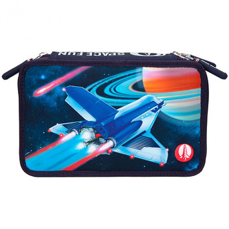 Penál s výbavou a světelným efektem Monster Cars, Modrý, s raketoplánem, světelný efekt