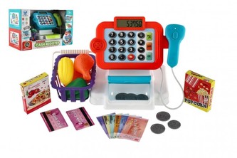 Pokladna digitální plast 16x17cm s doplňky na baterie se světlem, zvukem 2 barvy v krabici 33x20x15