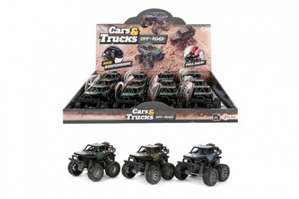 Auto monster truck mini plast 9x7cm odpružené na zpětné natažení 3 barvy 12ks v boxu