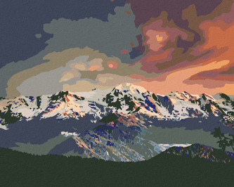 Malování podle čísel - ZASNĚŽENÉ POHOŘÍ A BOROVICOVÝ LES - 80x100 cm, vypnuté plátno na rám