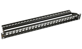 Patch panel Solarix modulární neosazený 10G,Cat 6a STP, 24 portů, černý 1U