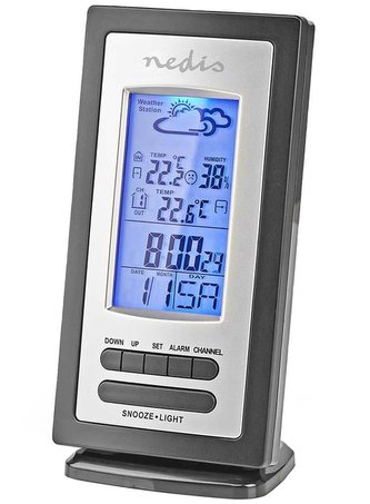 NEDIS meteostanice/ vnitřní a venkovní/ digitální/ bezdrátový senzoru počasí/ předpověď počasí/ čas/ LCD/ budík/ černo-s