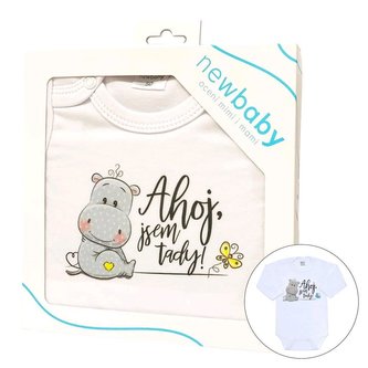Body s potiskem New Baby Ahoj, jsem tady! - dárkové balení - velikost 56 (0-3m)