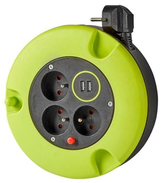 NEDIS kabelový buben/ 3x 1,5 mm2/ 3x zásuvka/ tepelná elektrická pojistka/ Typ E/ USB/ zeleno-černá/ 5 m