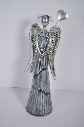 Plechový anděl Wave stříbrný-champagne se srdíčkem, 31cm, LED křídla