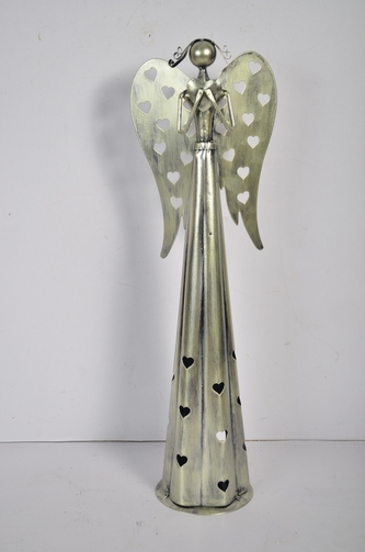 Plechový srdíčkový anděl na čajovou svíčku, 53 cm, champagne