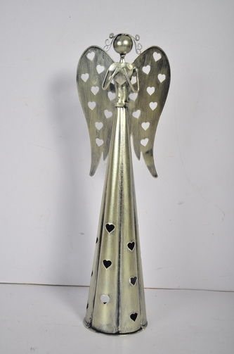 Plechový srdíčkový anděl na čajovou svíčku, 67 cm, champagne