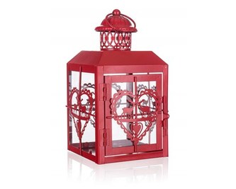 HOME DECOR Lucerna plechová střední 12 x 12 x 23,5 cm, dekor srdce, červená