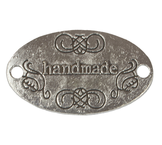 Nášivka Hand Made kovová - stříbrná s černým písmem - 32x19 mm