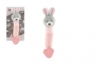 Pískátko/kousátko zajíc plyš 25cm růžový na kartě v sáčku 0+
