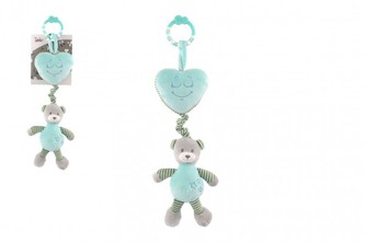 Medvěd se srdíčkem plyš závěs na postýlku/kočárek nat. hrací strojek 36cm zelený na kartě v sáčku 0+