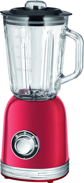 Mixér ProfiCook, PC-UM 1195 RD, stolní, skleněná nádoba s objemem 1,5 L, 4 speciálně broušené nože PIRANHA, 4 rychlosti, doplňovací otvor s průměrem 50 mm, podsvícený otočný spínač, 800 W