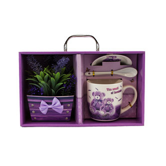 Sada hrnku se lžičkou a talířkem + umělá květina levandule