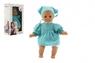 Panenka/Miminko Hamiro 30cm, látkové tělo šaty modré+ bílý puntík + šátek v krabici 20x35x13cm