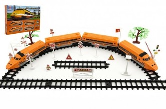 Dráha Vlak+koleje a doplňky plast 33ks na baterie se zvukem se světlem v krabici 58x39x7cm