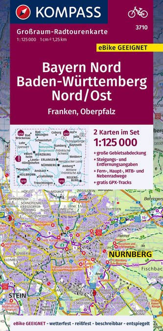 KOMPASS Großraum-Radtourenkarte 3710, Bayern Nord, Baden-Württemberg Nord/Ost, 1:125000