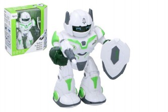 Robot chodící a otáčecí s doplňky 20cm na baterie se zvukem a světlem v krabici 23x24x10cm