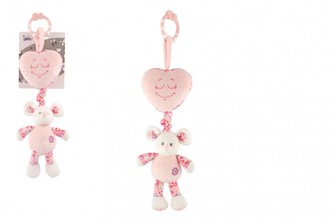 Myš se srdíčkem plyš závěs na postýlku/kočárek nat. hrací strojek 35cm růžový na kartě v sáčku 0+