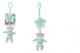 Medvěd s hvězdou plyš závěs na postýlku/kočárek nat. hrací strojek 35cm zelený na kartě v sáčku 0+