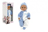 Panenka/Miminko Hamiro 40cm, pevné tělo overal modro bílý+ čepička modrá v krabici 20x43x13cm