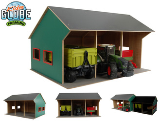 Kids Globe Farming garáž dřevěná 55,5x75x43,5cm 1:16 pro 3 traktory v krabičce