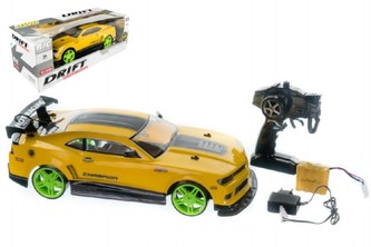 Auto RC drift žluté plast 40cm 27MHz na baterie + dobíjecí pack v krabici 56x20x24cm