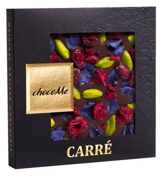 Hořká čokoláda s kandovanými lístky fialek, pistáciemi z Bronte a višněmi