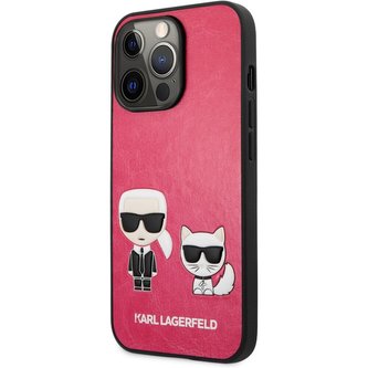 Karl Lagerfeld and Choupette PU Leather Cover iPhone 13 Pro fuchsiový