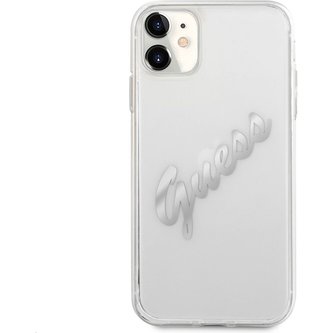 Guess PU Vintage Script Silver Logo kryt iPhone 11 stříbrný