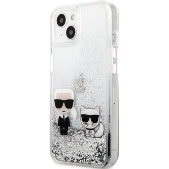 Karl Lagerfeld Liquid Glitter Karl and Choupette Cover iPhone 13 mini stříbrný