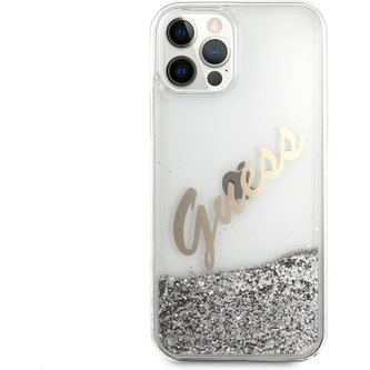 Guess Liquid Glitter Vintage kryt Apple iPhone 12 Pro Max stříbrný