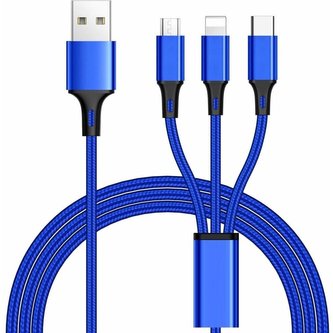 PremiumCord kabel USB 3v1 - USB-C / micro USB / Lightning modrý 1,2m