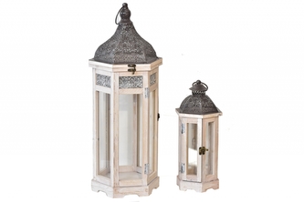 Dřevěná lucerna Arwen, sada 2 ks, přírodní s patinou