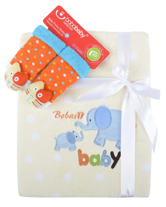 Dětská deka s aplikací LUCKA s dárkem žlutá - slůně B 76x102 cm Bobobaby