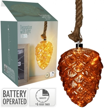 LED skleněná dekorace - šiška 16,5x12 cm měděná