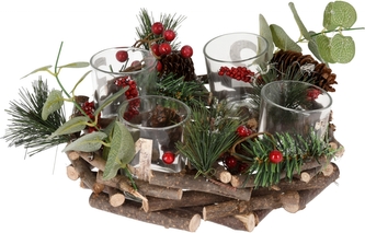 Adventní věnec z dřívek, zdobený červený 22x8 cm