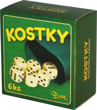 Hrací kostky bílé 6 ks, kelímek v krabičce