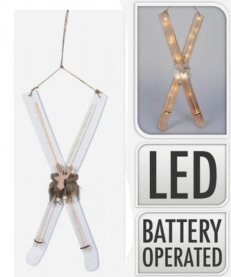 Dekorace lyže na zavěšení s LED osvětlením 63x27x4,5 cm, bílé