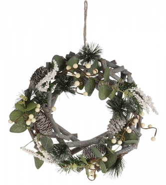 Dřevěný věnec na zavěšení, zdobený bílý 30 cm