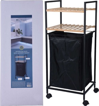 Regál do koupelny s košem na prádlo 2 police dřevo/kov