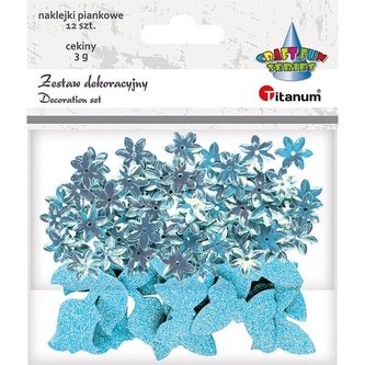 Cekiny kwiaty + naklejki mix błekitne 12szt