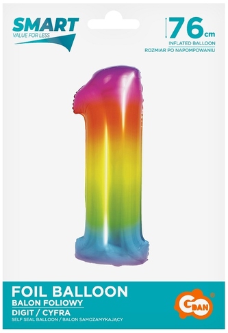 Balon foliowy cyfra 1 tęczowa Smart 76cm