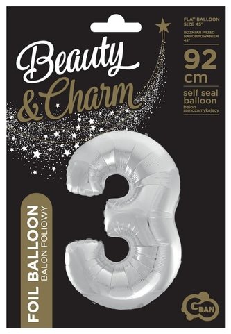 Balon foliowy cyfra 3 Beauty&Charm srebrna 92cm