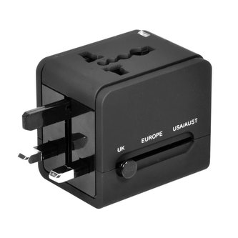PORT CONNECT univerzální cestovní adaptér,  2xUSB (2.1 + 1A), 100-240V AC, černá